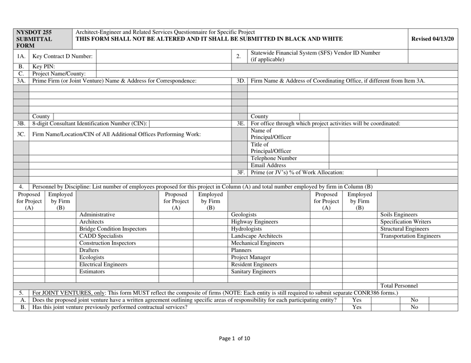 Form NYSDOT255 Architect-Engineer and Related Services Questionnaire for Specific Project - New York, Page 1