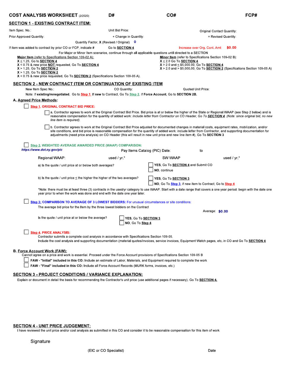 Cost Analysis Worksheet - New York, Page 1