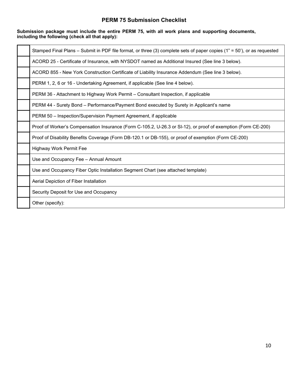 Form PERM75 Consolidated Application and Permit for Highway Work and Use  Occupancy for Fiber Optic Facilities and Supporting Infrastructure - New York, Page 10