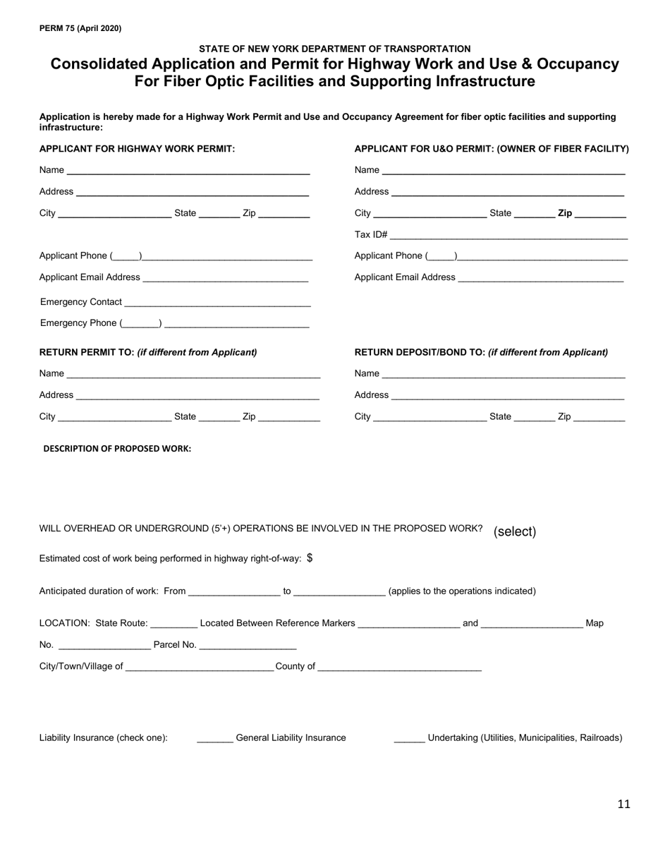 Form PERM75 Consolidated Application and Permit for Highway Work and Use  Occupancy for Fiber Optic Facilities and Supporting Infrastructure - New York, Page 11