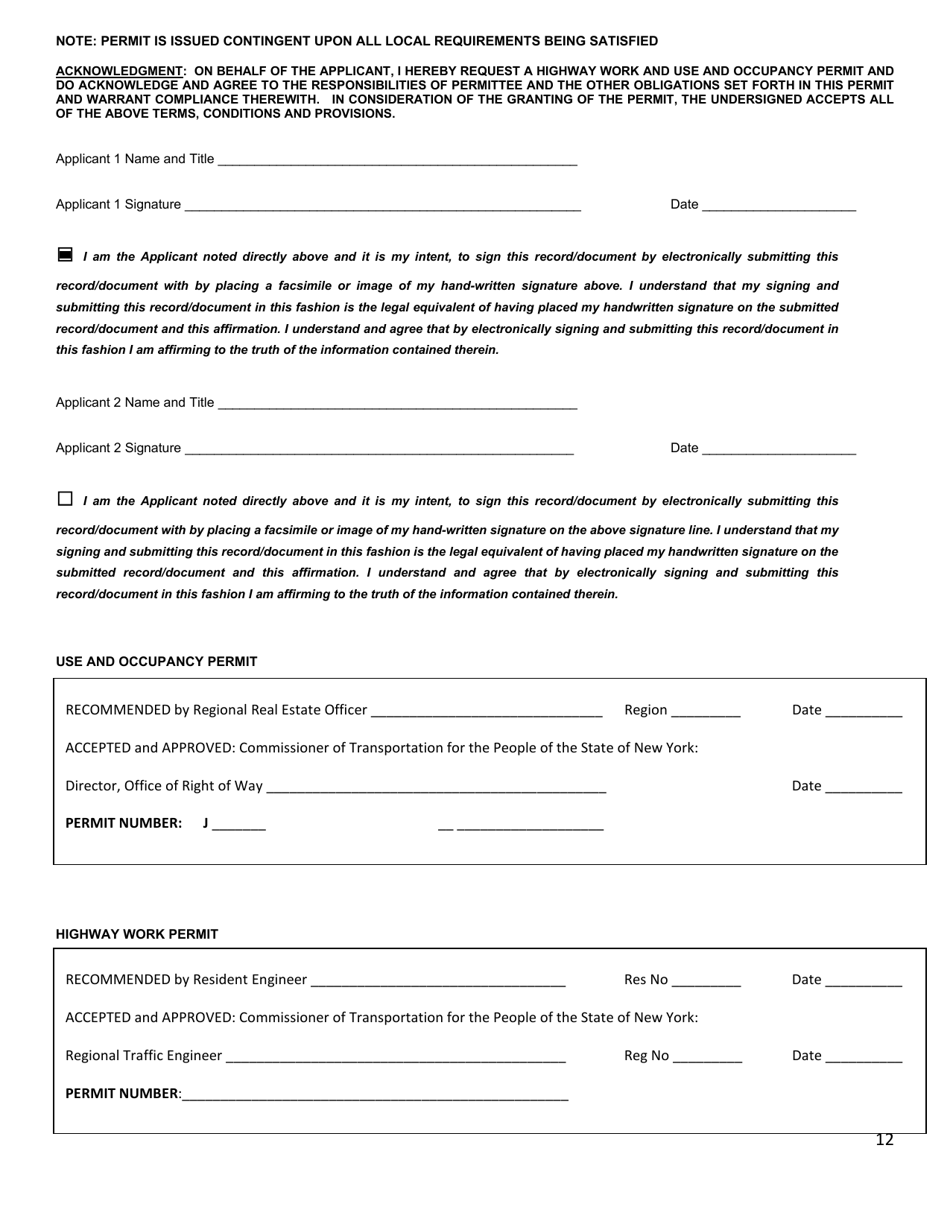 Form PERM75 Consolidated Application and Permit for Highway Work and Use  Occupancy for Fiber Optic Facilities and Supporting Infrastructure - New York, Page 12