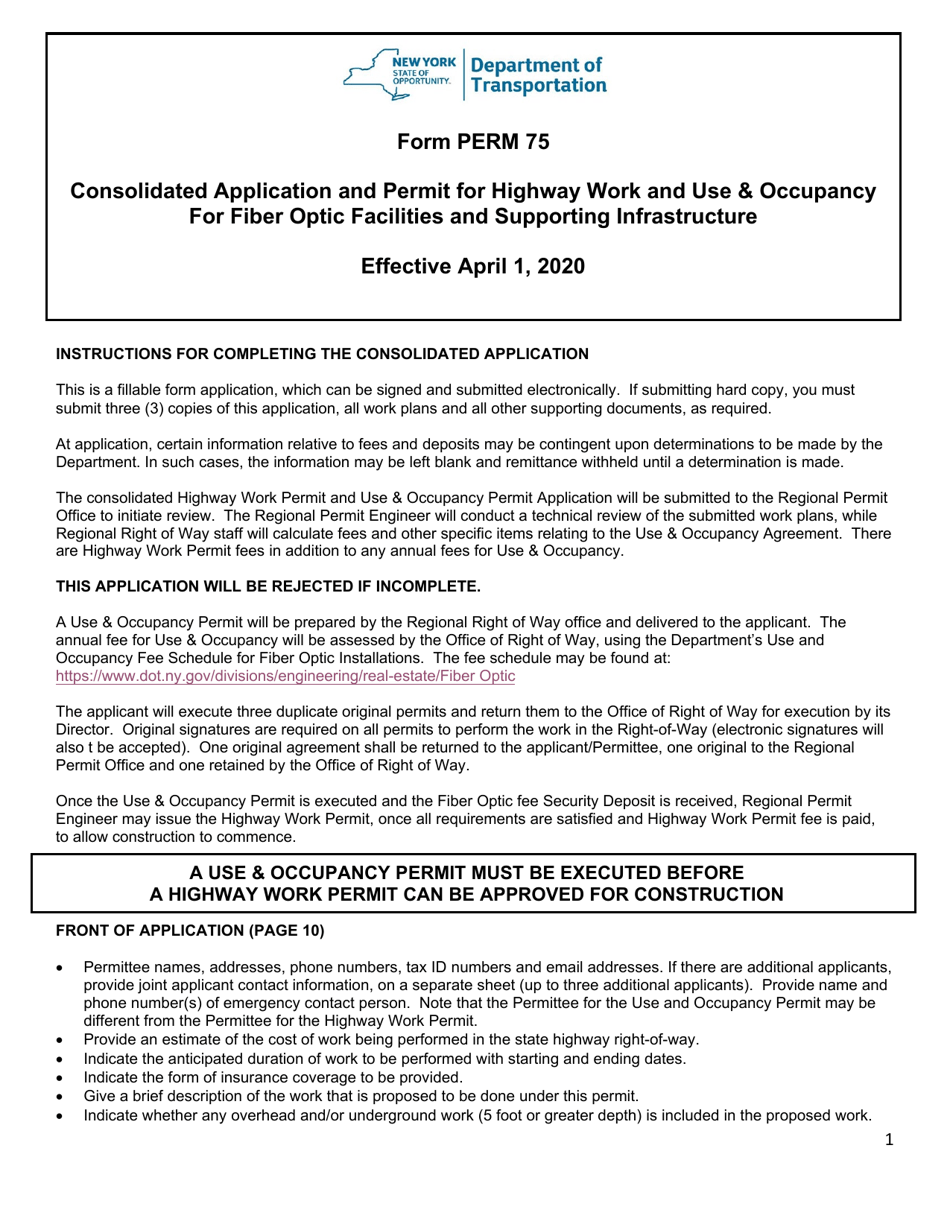 Form PERM75 Consolidated Application and Permit for Highway Work and Use  Occupancy for Fiber Optic Facilities and Supporting Infrastructure - New York, Page 1