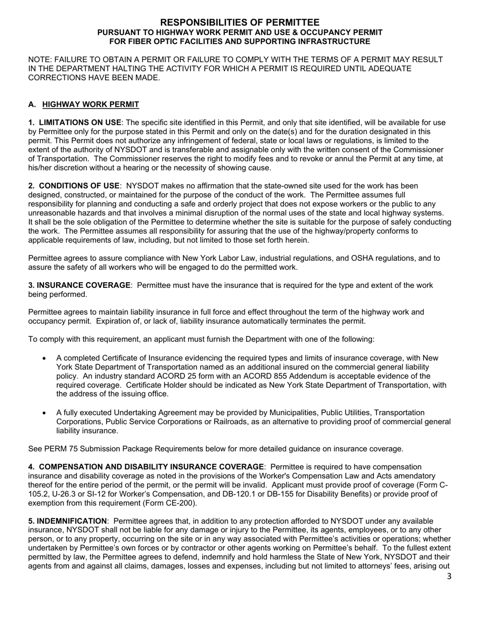 Form PERM75 Consolidated Application and Permit for Highway Work and Use  Occupancy for Fiber Optic Facilities and Supporting Infrastructure - New York, Page 3