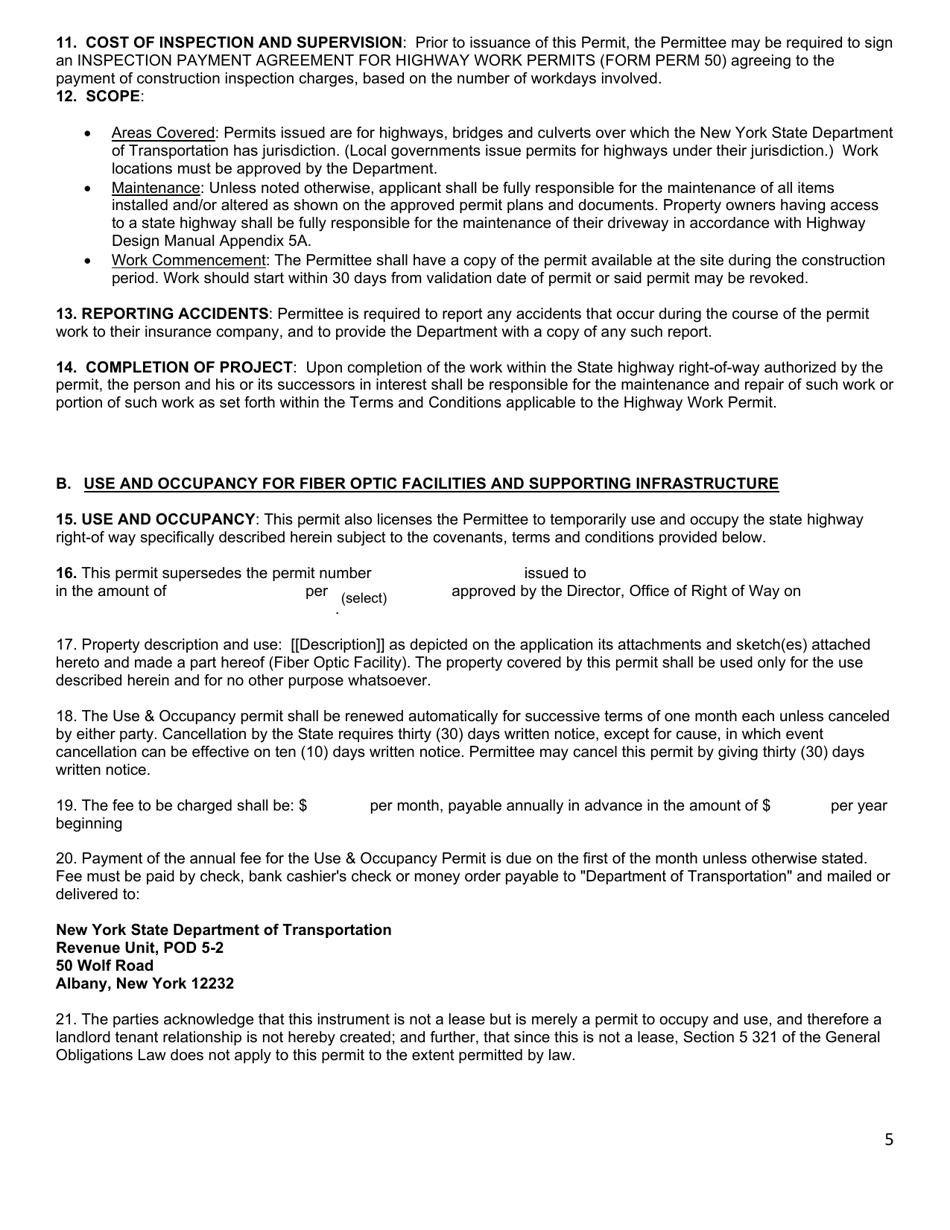 Form PERM75 Consolidated Application and Permit for Highway Work and Use  Occupancy for Fiber Optic Facilities and Supporting Infrastructure - New York, Page 5