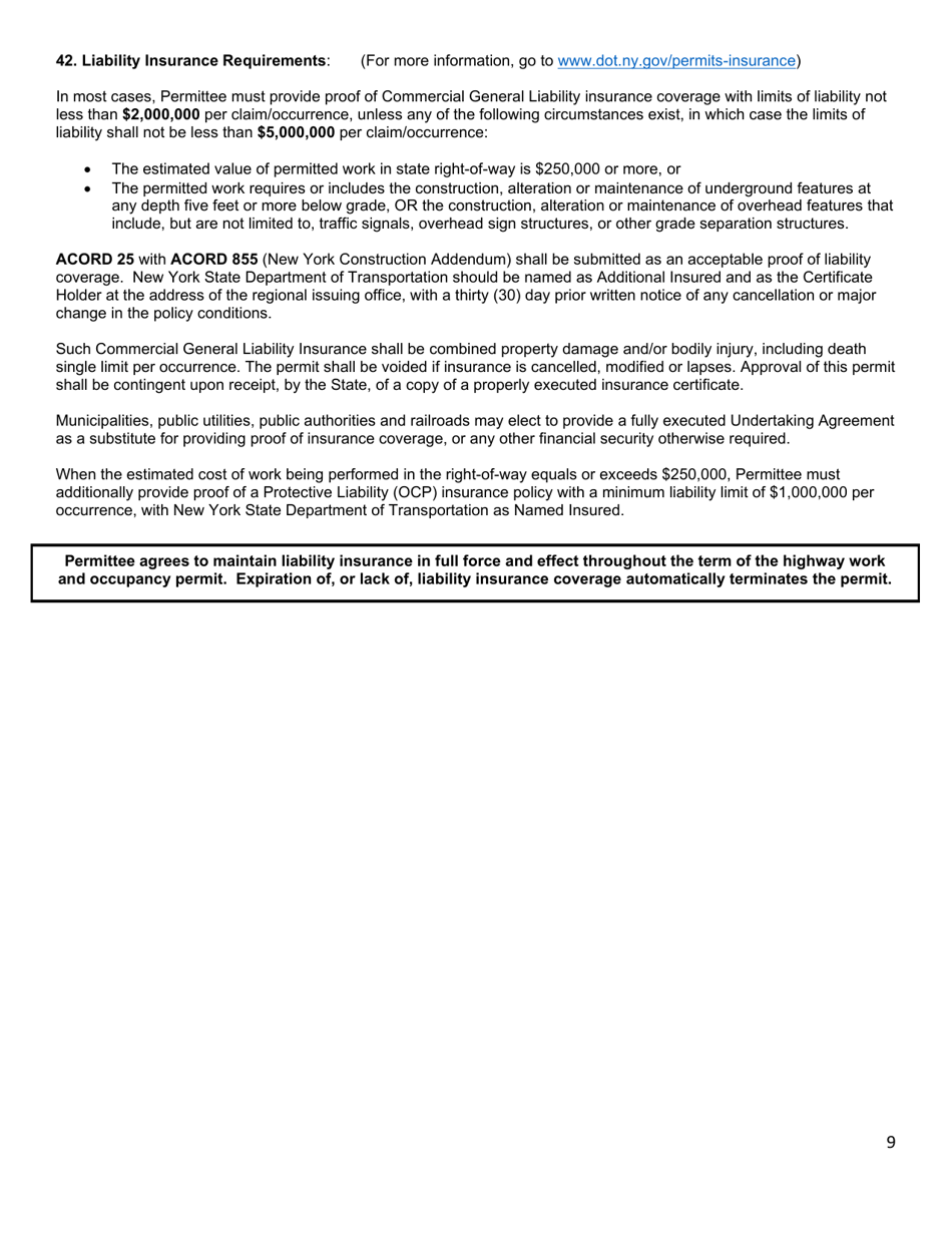 Form PERM75 Consolidated Application and Permit for Highway Work and Use  Occupancy for Fiber Optic Facilities and Supporting Infrastructure - New York, Page 9