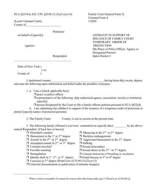 General Form 5C (Criminal Form 4) Affidavit in Support of Issuance of Family Court Temporary Order of Protection (By Peace or Police Officer, Agency or Designated Person) - New York