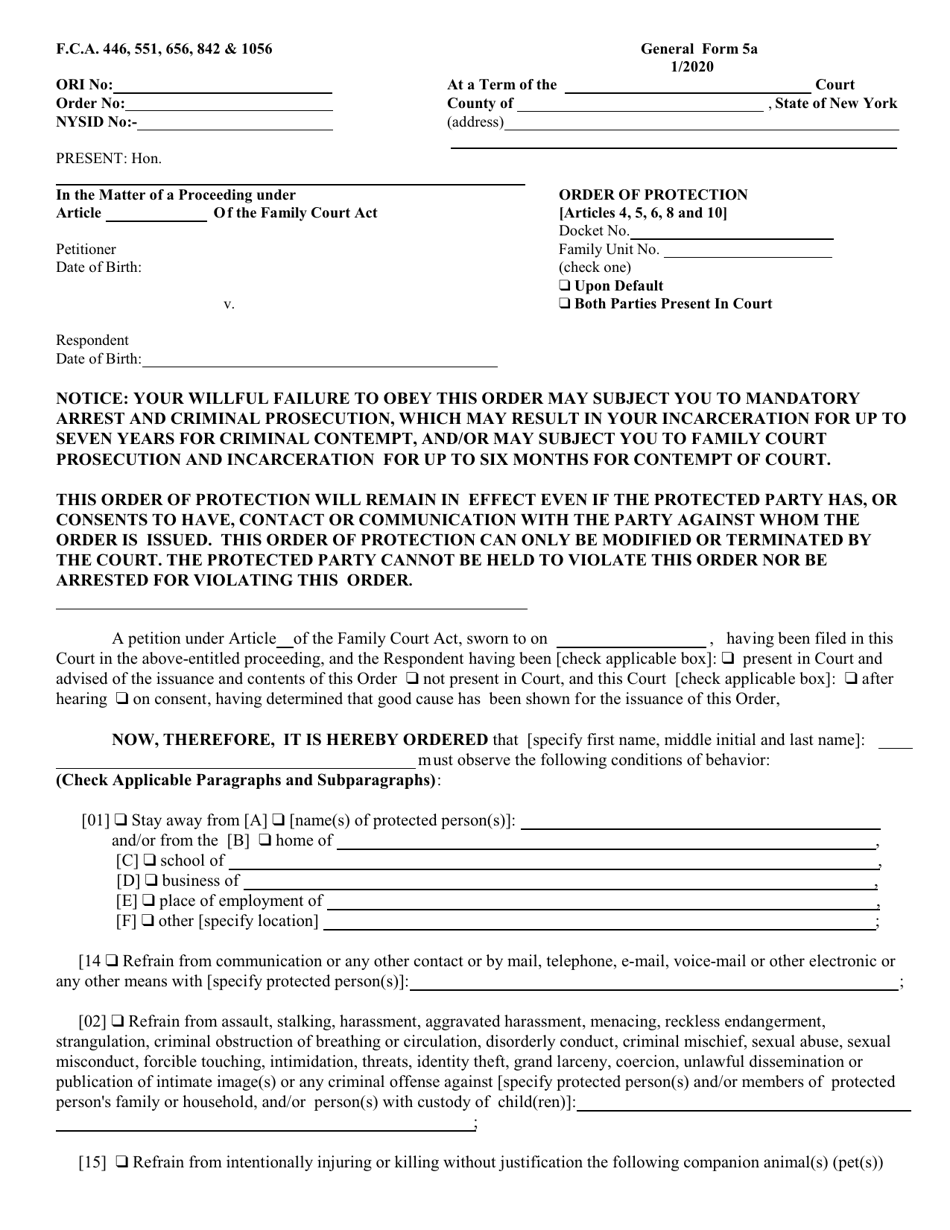 General Form 5A Order of Protection - New York, Page 1