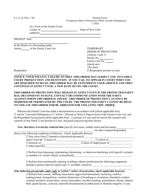 General Form 6 Temporary Order of Protection (Person in Need of Supervision or Juvenile Delinquency) - New York