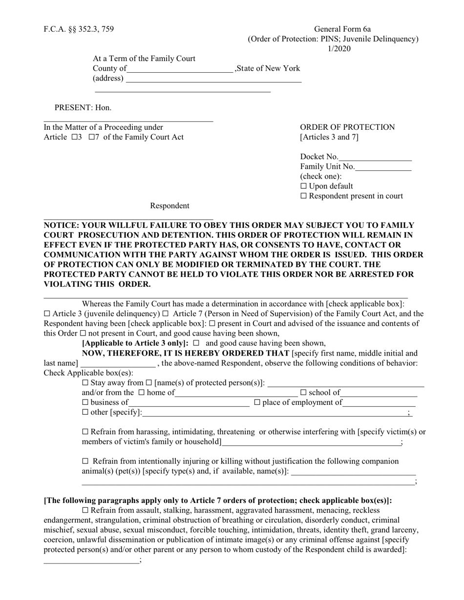 General Form 6A Order of Protection (Person in Need of Supervision or Or Juvenile Delinquency) - New York, Page 1