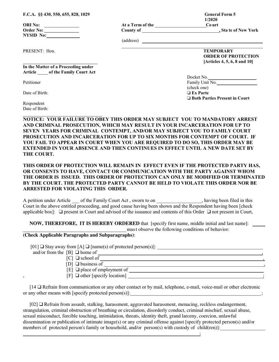 General Form 5 Temporary Order of Protection - New York, Page 1