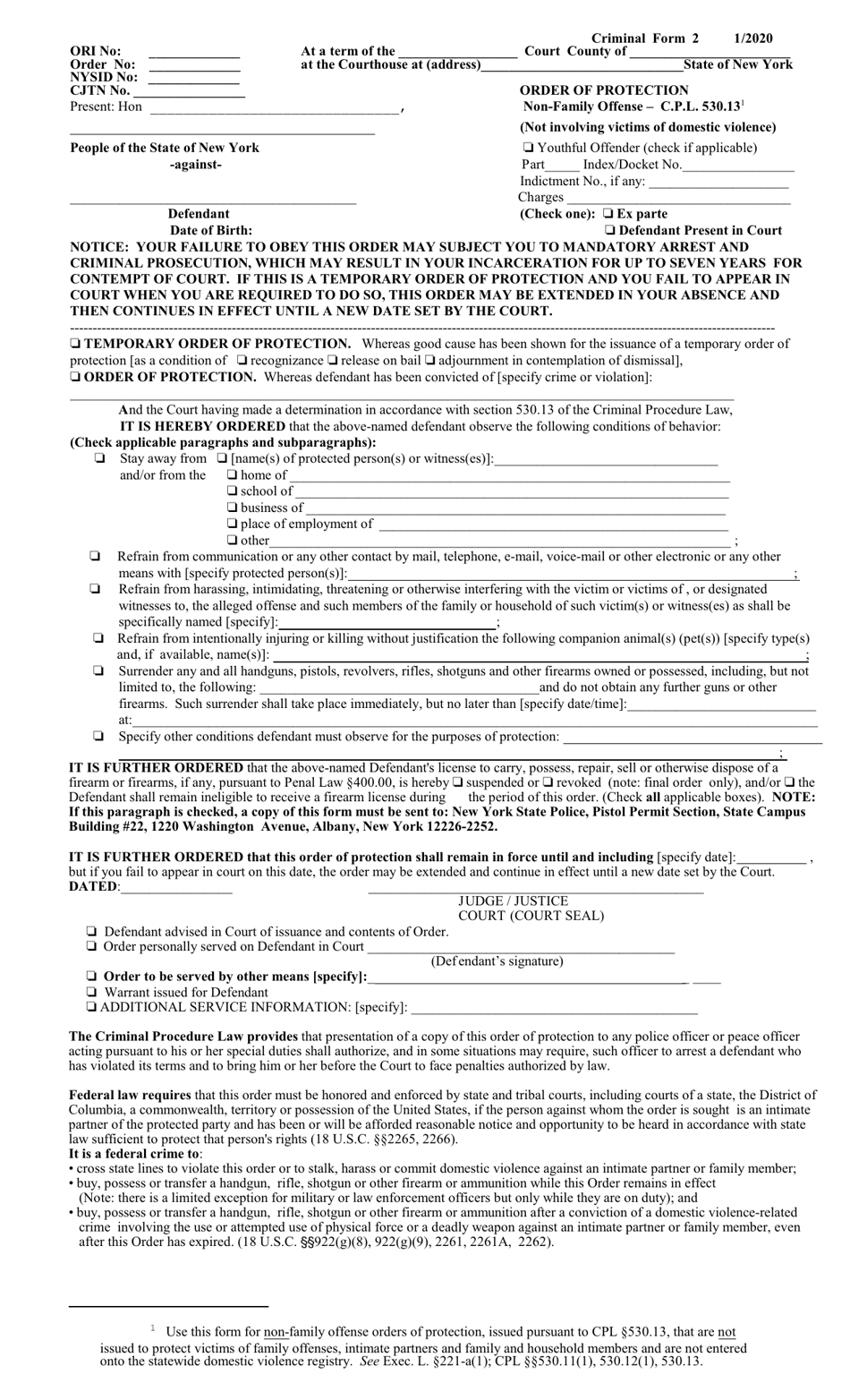Criminal Form 2 Order of Protection / Non-family Offense - New York, Page 1