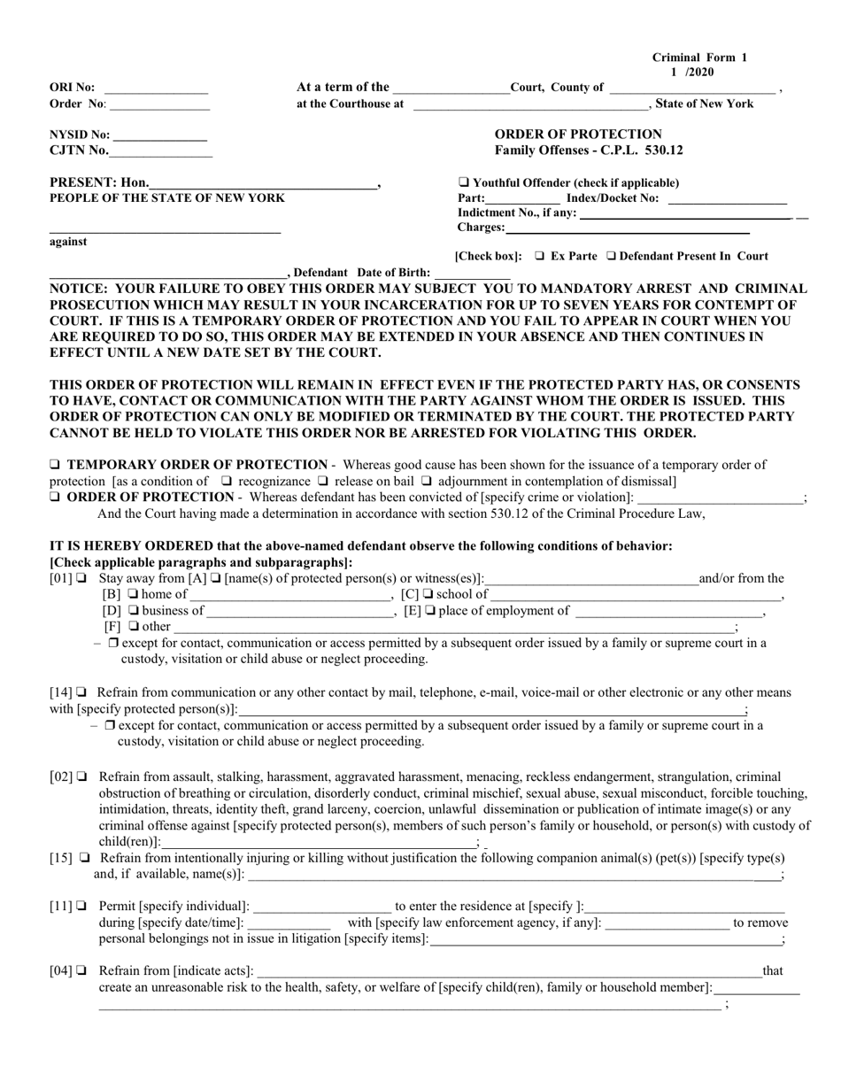 Criminal Form 1 Order of Protection / Family Offenses - New York, Page 1