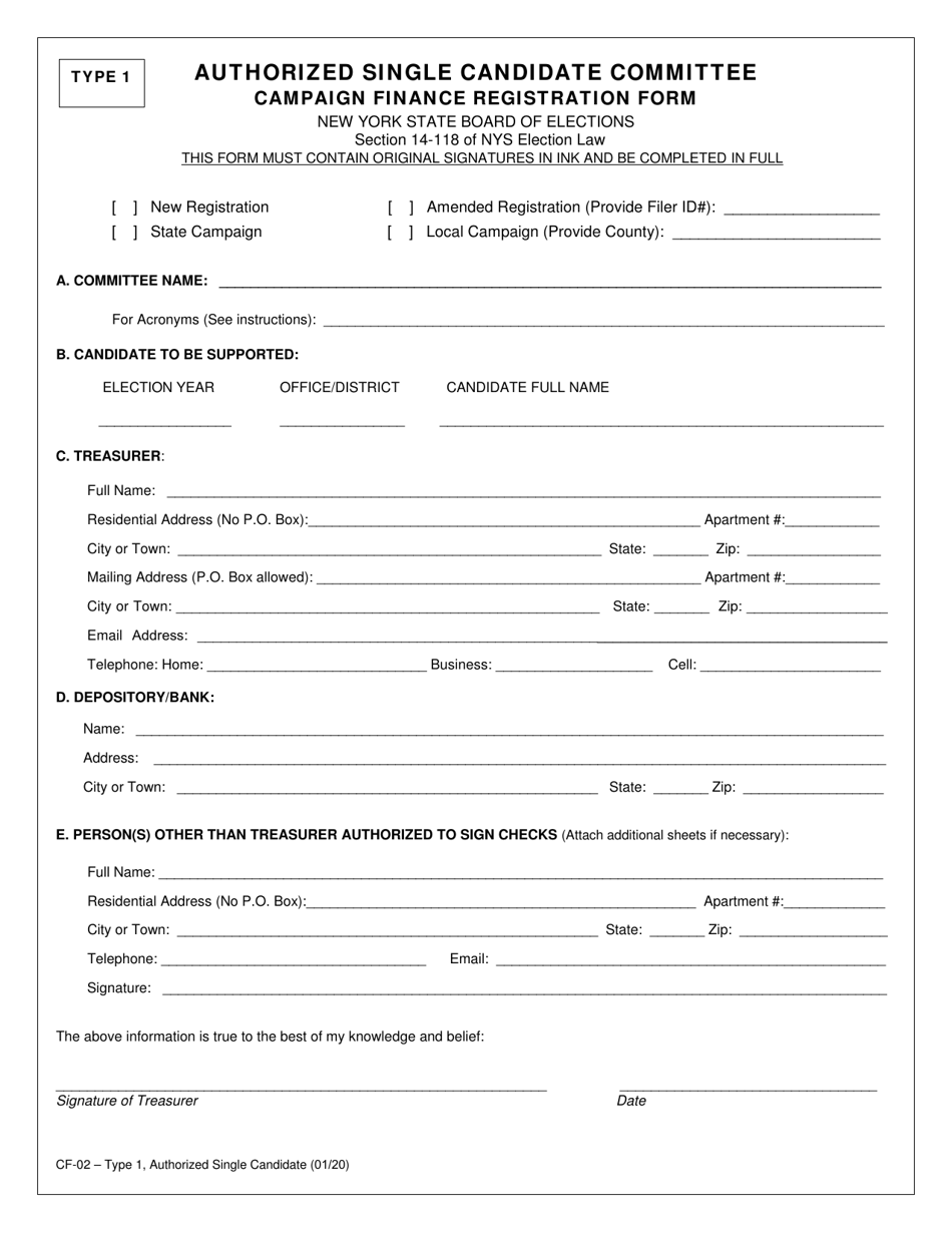 Form CF-02 Type 1 Authorized Single Candidate Committee Campaign Finance Registration Form - New York, Page 1