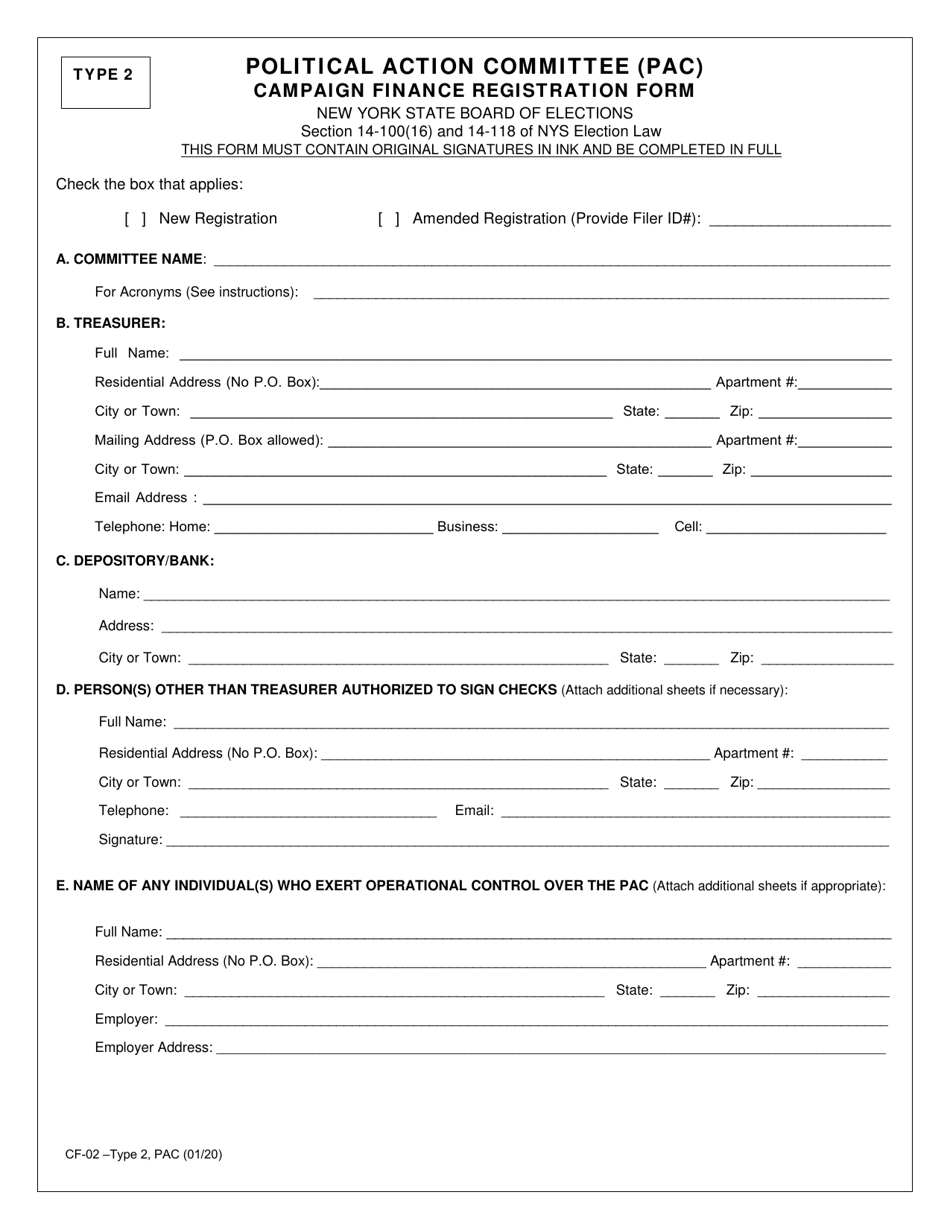 Form CF-02 Type 2 Political Action Committee (Pac) Campaign Finance Registration Form - New York, Page 1