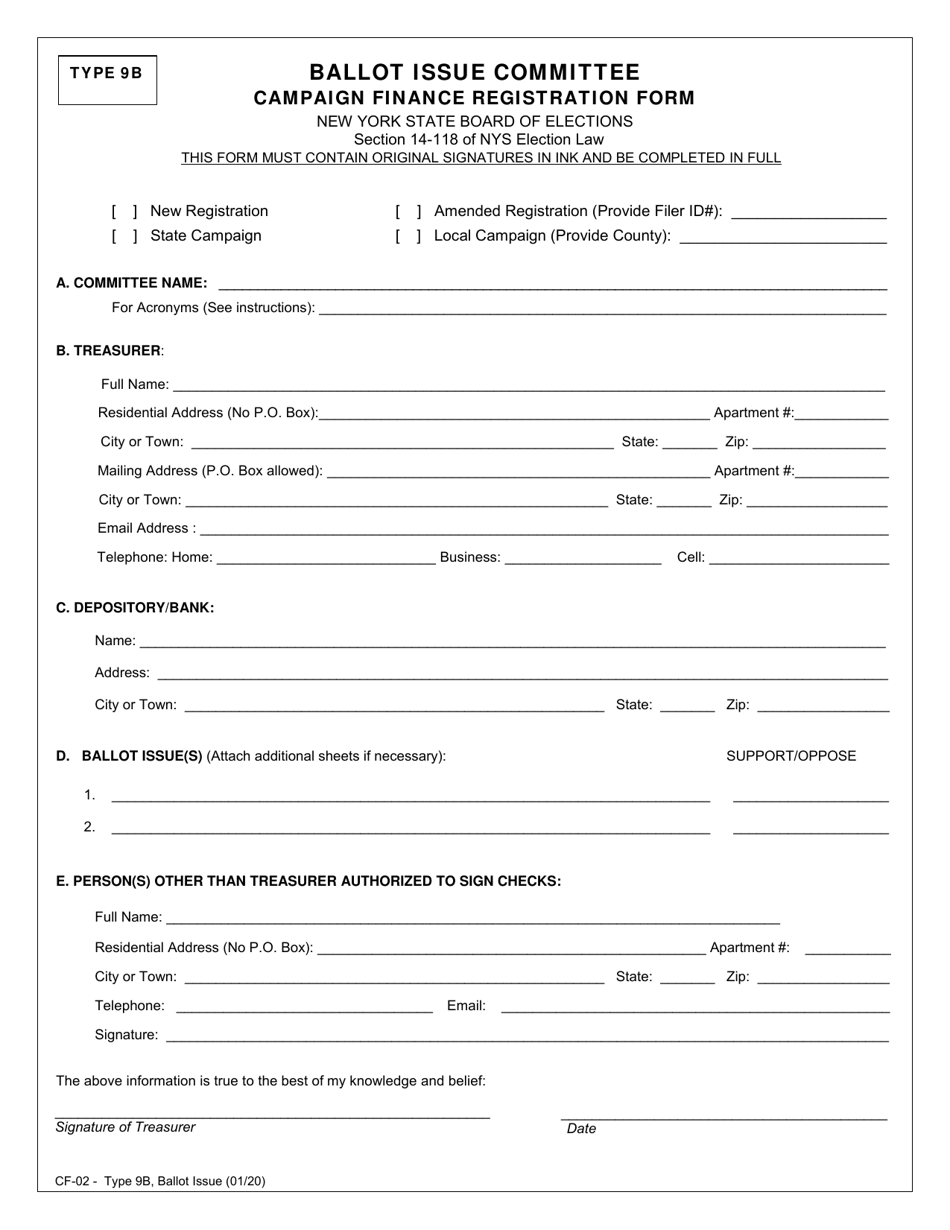 Form CF-02 Type 9B Ballot Issue Committee Campaign Finance Registration Form - New York, Page 1