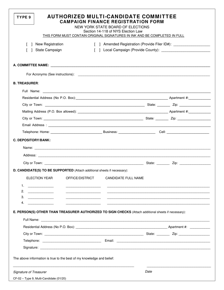 Form CF-02 Type 9 Authorized Multi-Candidate Committee Campaign Finance Registration Form - New York, Page 1