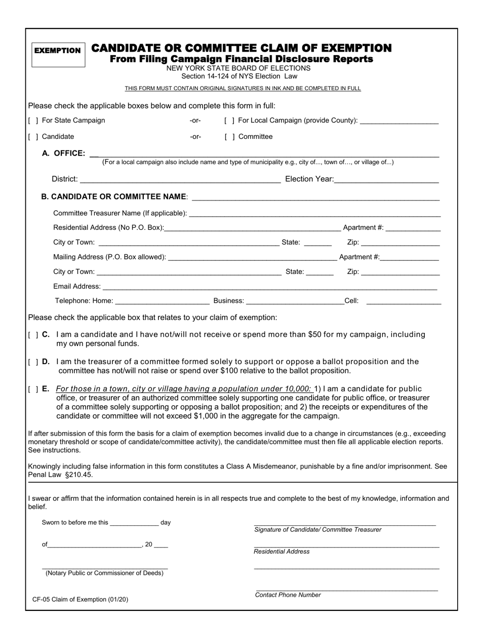 Form CF-05 Candidate or Committee Claim of Exemption From Filing Campaign Financial Disclosure Reports - New York, Page 1