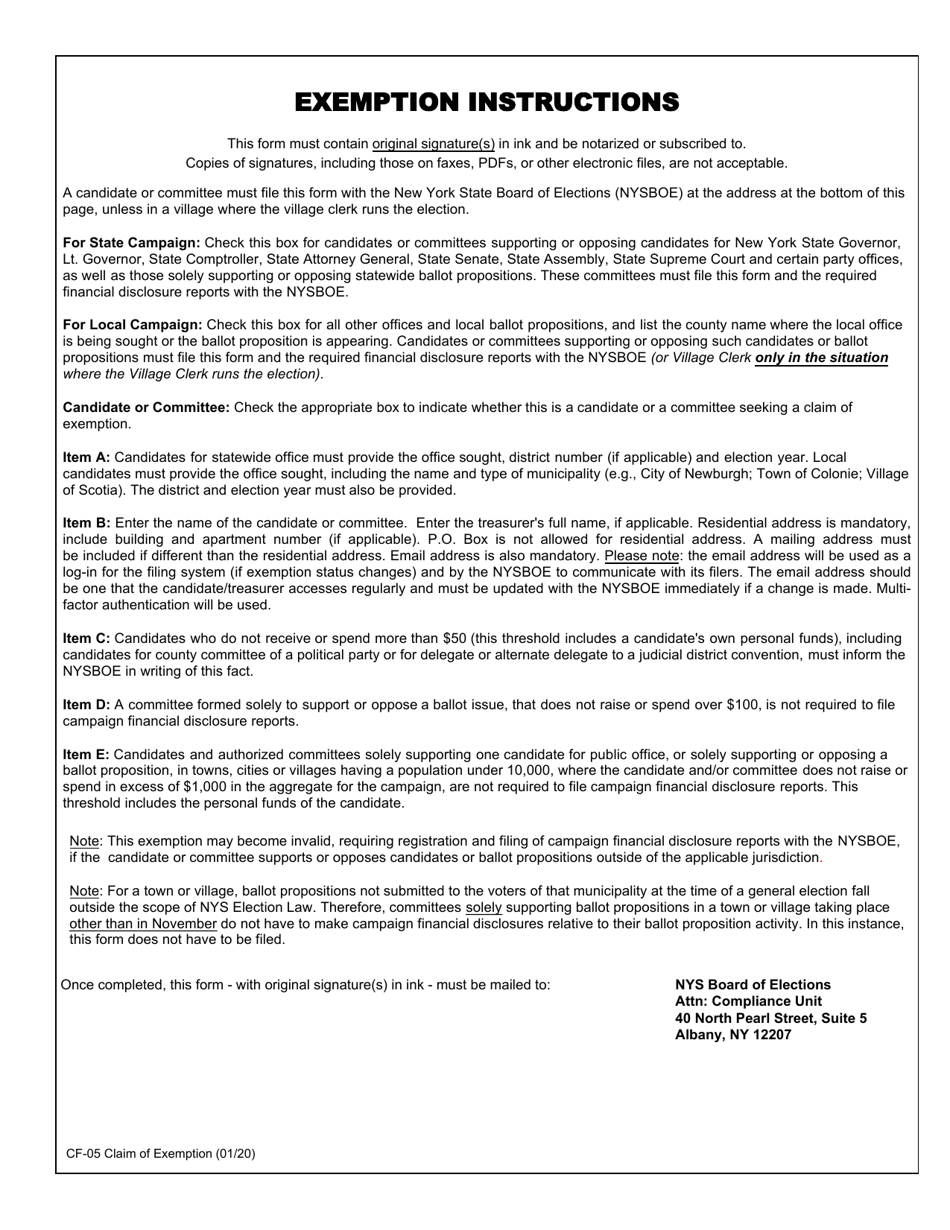 Form CF-05 Candidate or Committee Claim of Exemption From Filing Campaign Financial Disclosure Reports - New York, Page 2