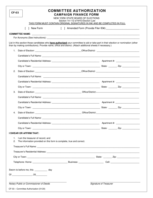 Form CF-03 Committee Authorization Campaign Finance Form - New York