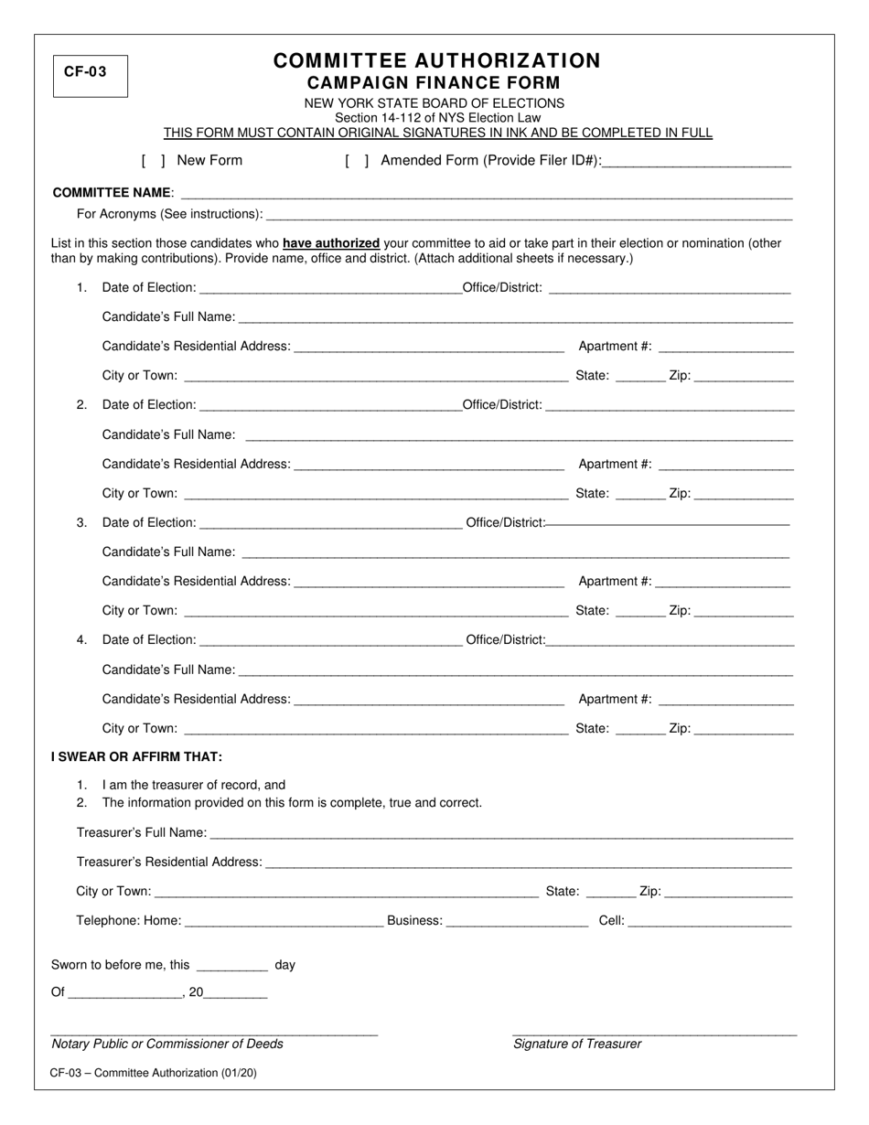 Form CF-03 Committee Authorization Campaign Finance Form - New York, Page 1