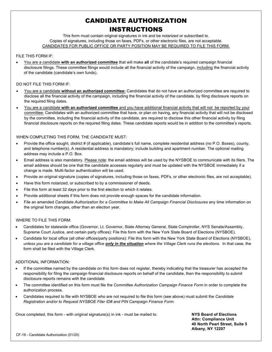 Form CF-16 Candidate Authorization for a Committee to Make All Campaign Financial Disclosures - New York, Page 2