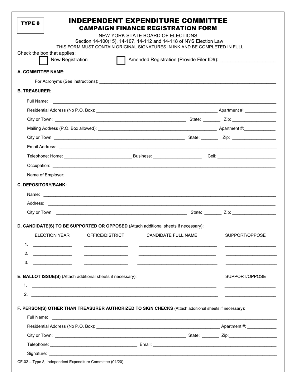Form CF-02 Type 8 Independent Expenditure Committee Campaign Finance Registration Form - New York, Page 1