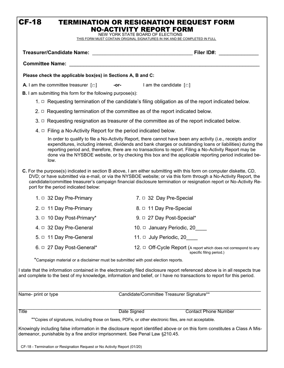 Form CF-18 Termination or Resignation Request Form / No-Activity Report Form - New York, Page 1