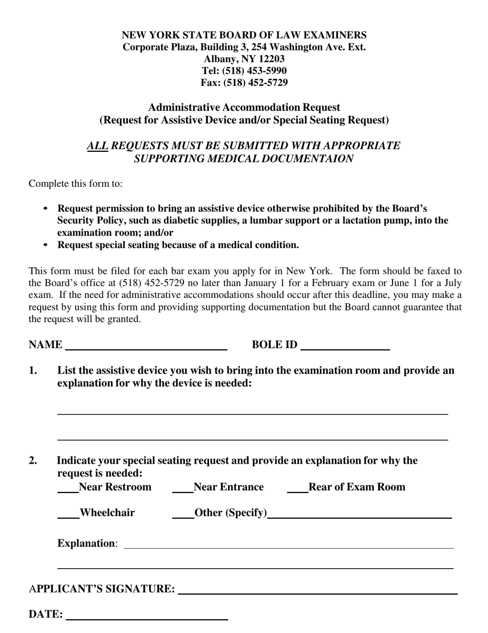 Administrative Accommodation Request (Request for Assistive Device and / or Special Seating Request) - New York, Page 1