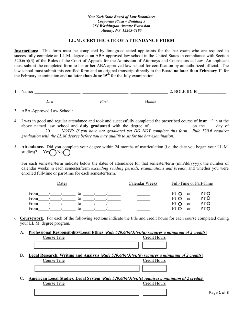 Ll.m. Certificate of Attendance Form - New York, Page 1