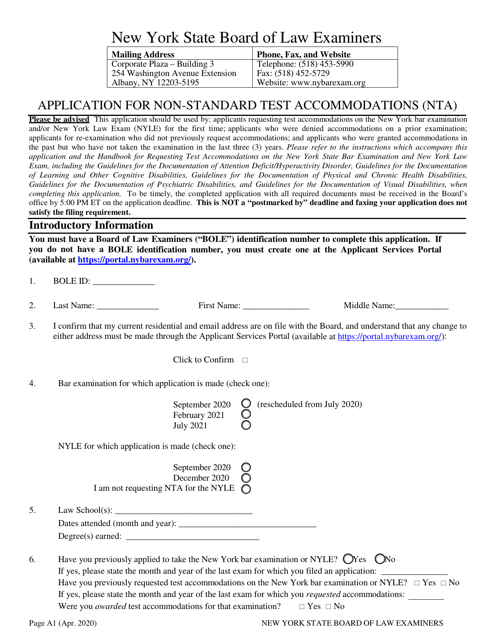 Application for Non-standard Test Accommodations (Nta) - New York Download Pdf
