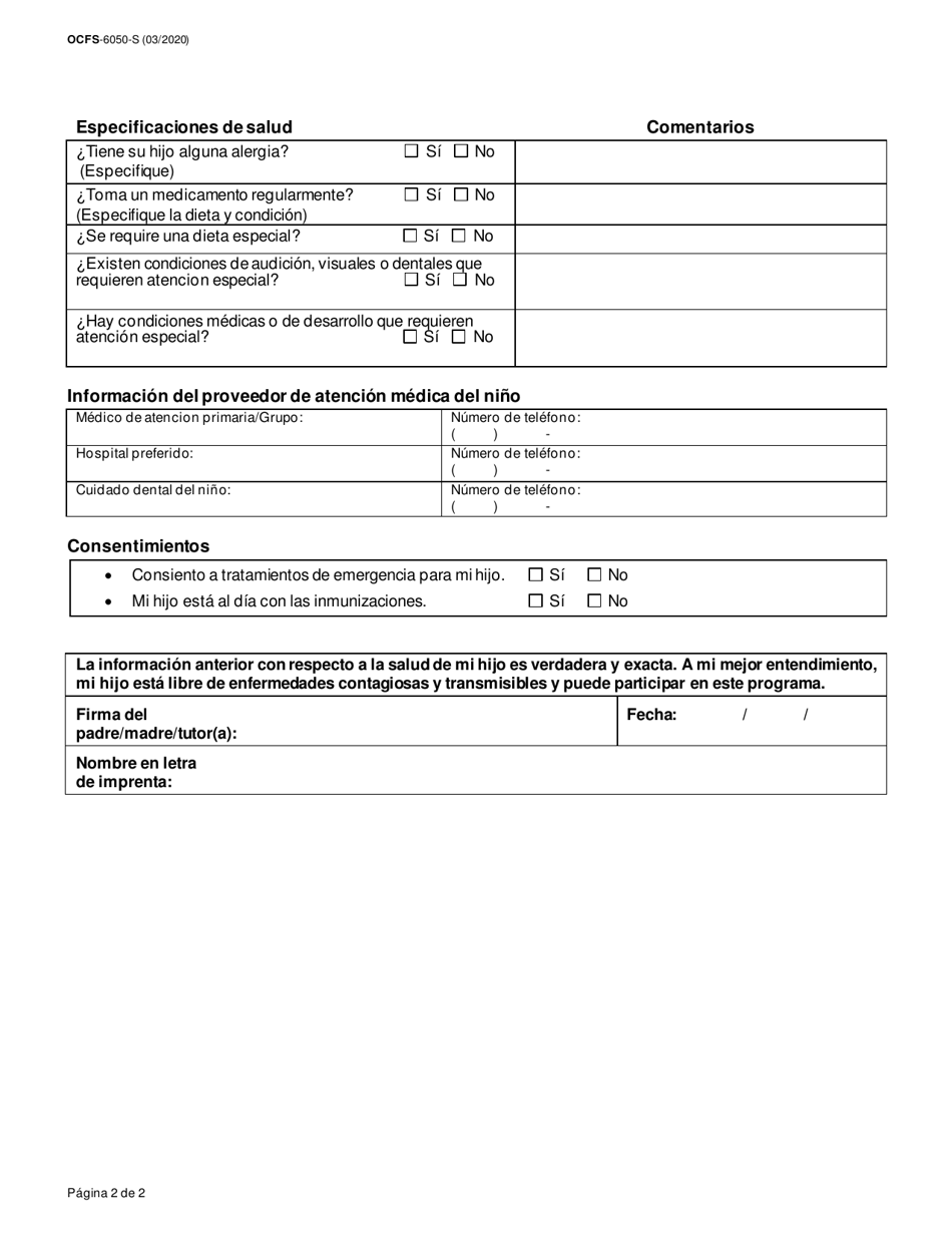 Formulario OCFS-6050-S Formulario De Reservacion De Emergencia - New York (Spanish), Page 2