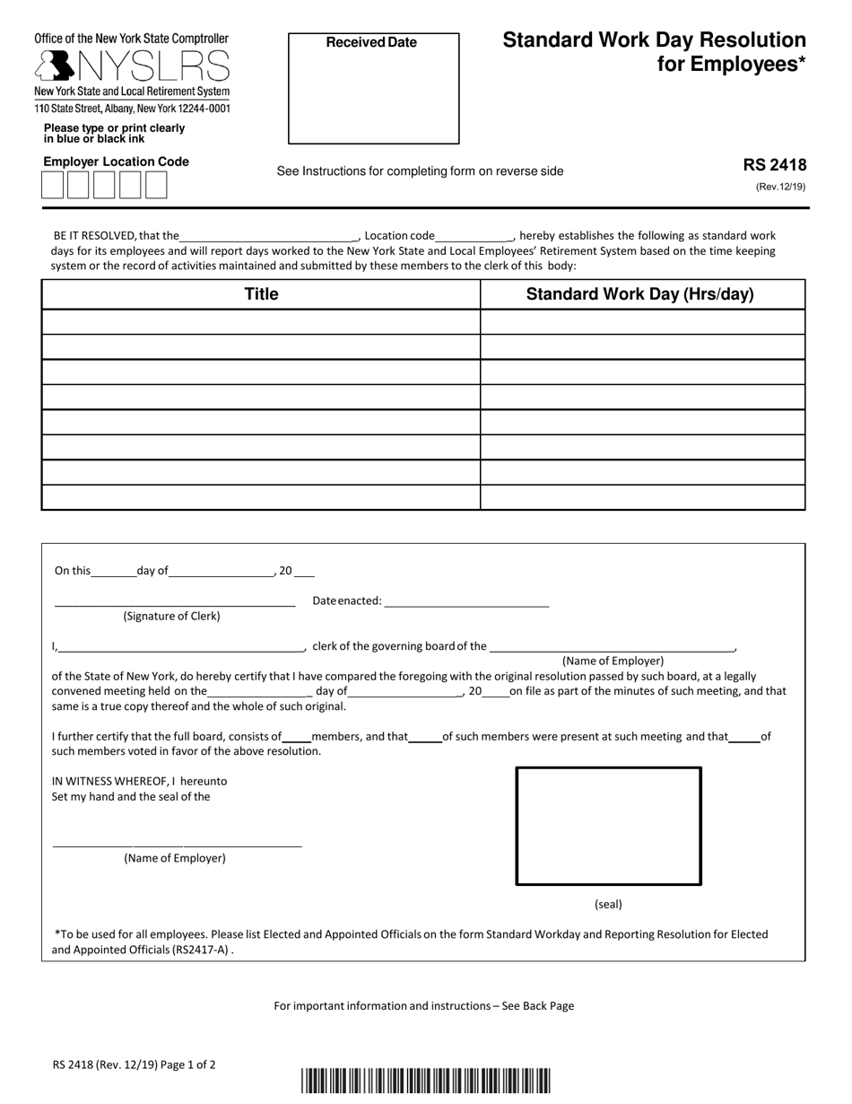 Form RS2418 Standard Work Day Resolution for Employees - New York, Page 1