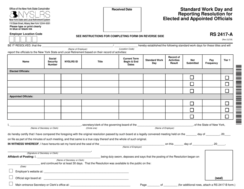 Form RS2417-A Standard Work Day and Reporting Resolution for Elected and Appointed Officials - New York