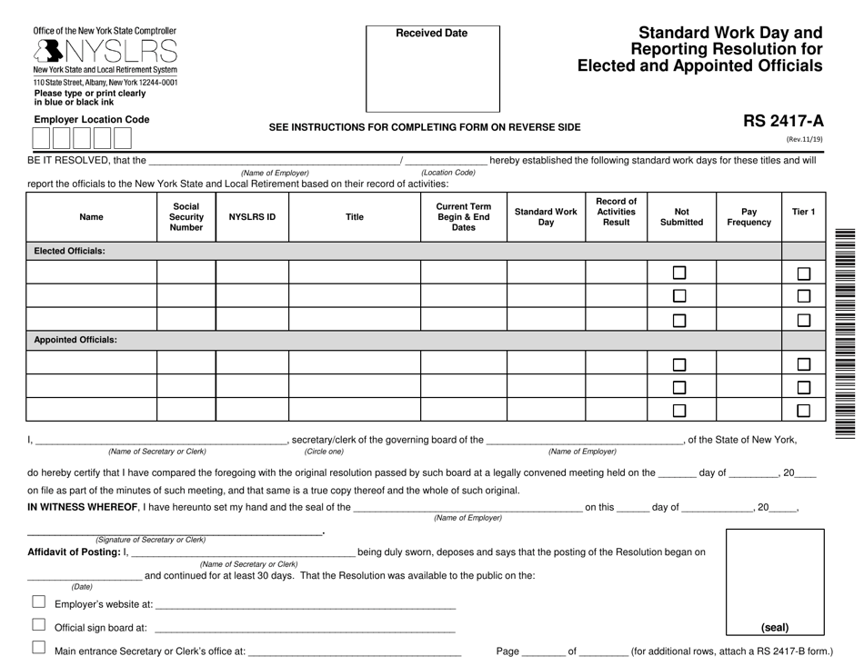 Form RS2417-A Standard Work Day and Reporting Resolution for Elected and Appointed Officials - New York, Page 1