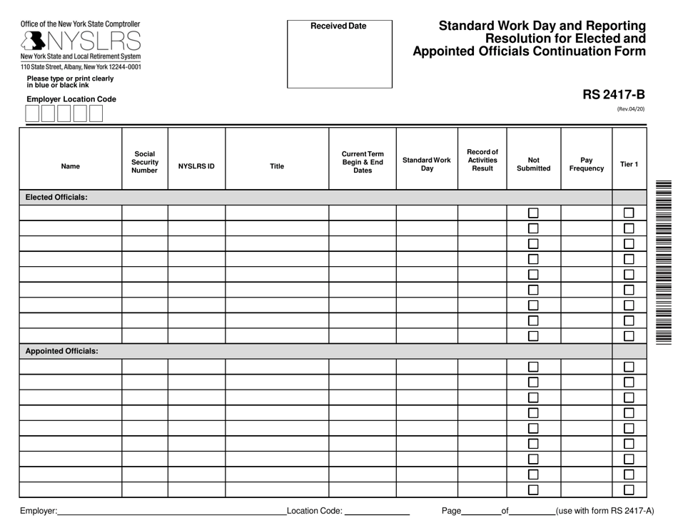 Form RS2417-B Standard Work Day and Reporting Resolution for Elected and Appointed Officials Continuation Form - New York, Page 1