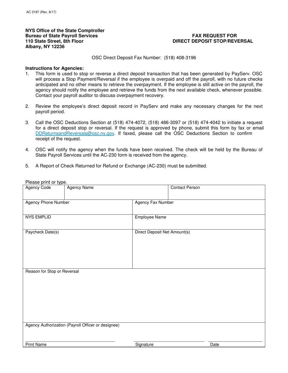 Form AC3197 Fax Request for Direct Deposit Stop / Reversal - New York, Page 1