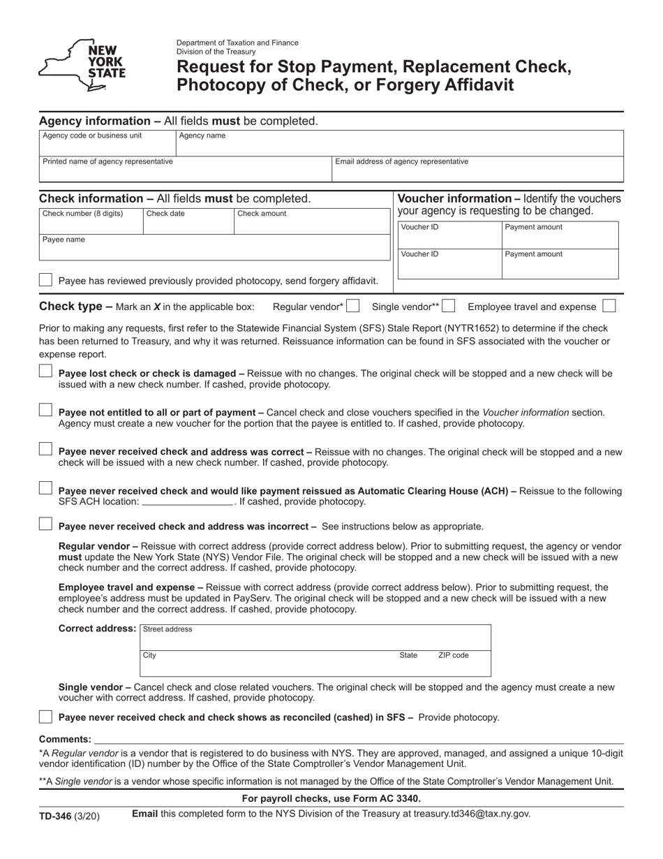 Form TD-346 Request for Stop Payment, Replacement Check, Photocopy of Check, or Forgery Affidavit - New York, Page 1