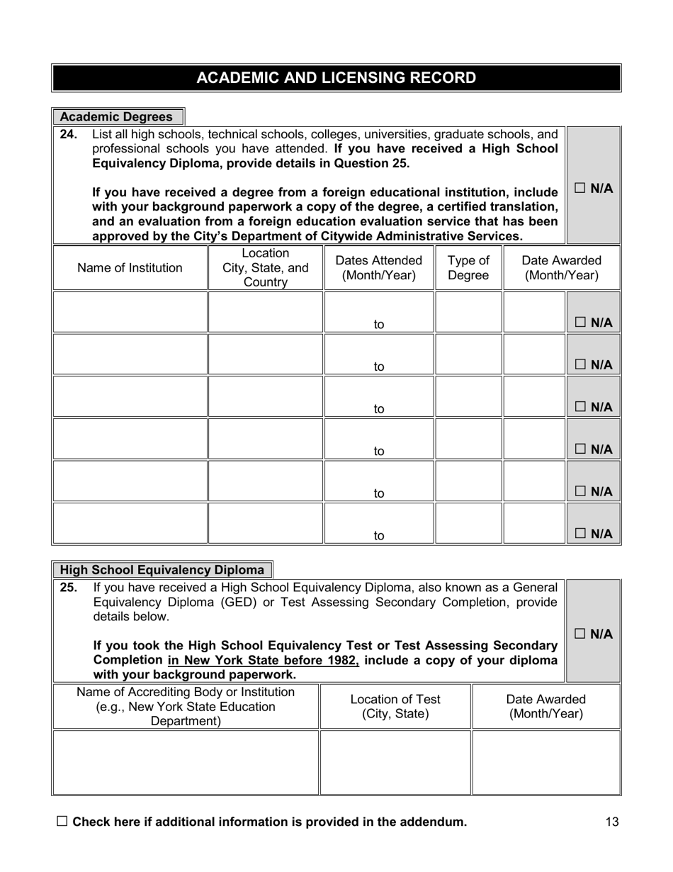 Appointment Investigation Questionnaire - New York City, Page 13