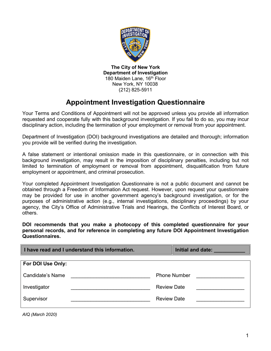 Appointment Investigation Questionnaire - New York City, Page 1