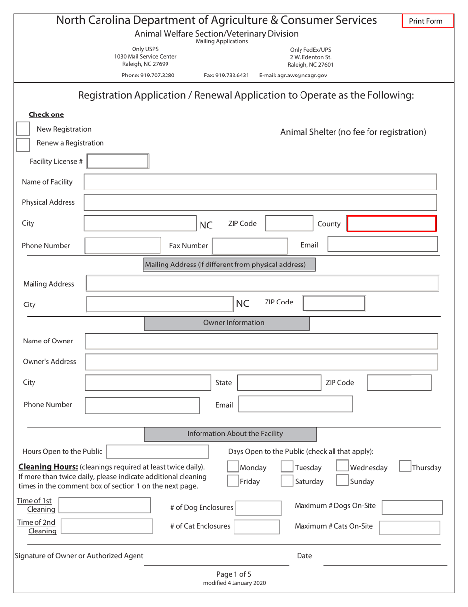 Registration Application / Renewal Application to Operate as Animal Shelter - North Carolina, Page 1