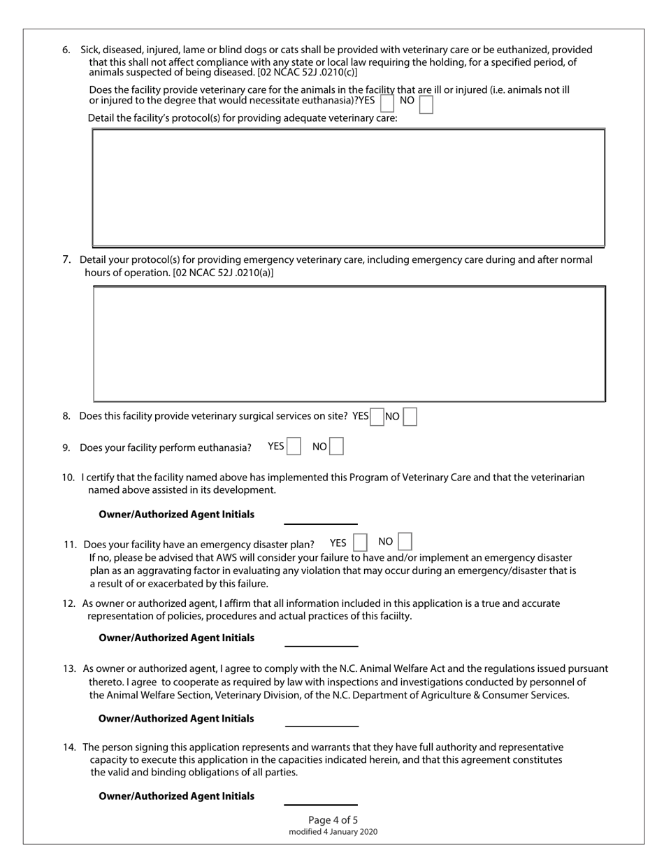 Registration Application / Renewal Application to Operate as Animal Shelter - North Carolina, Page 4