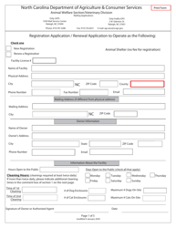 Document preview: Registration Application / Renewal Application to Operate as Animal Shelter - North Carolina