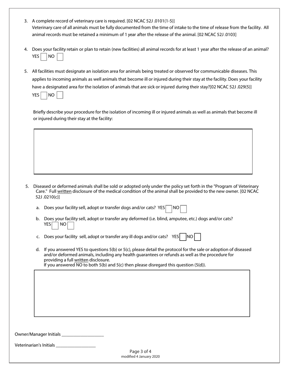 License Application / Renewal Application to Operate as Pet Shop Selling Dogs or Cats / Public Auction - North Carolina, Page 3