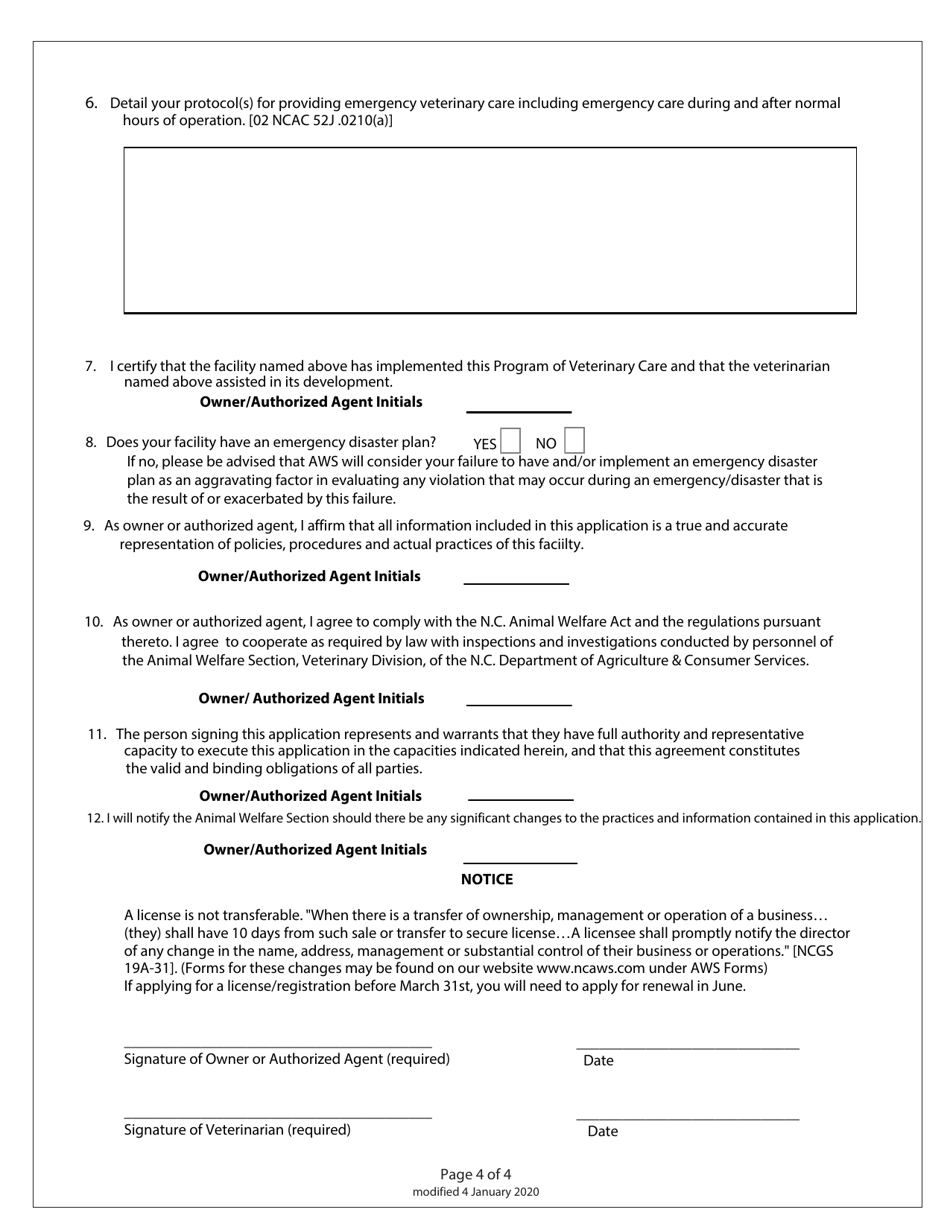 License Application / Renewal Application to Operate as Pet Shop Selling Dogs or Cats / Public Auction - North Carolina, Page 4