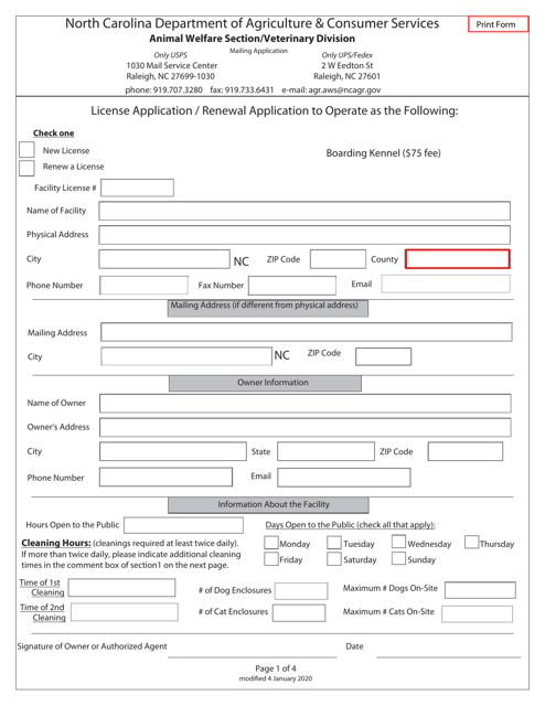 License Application / Renewal Application to Operate as Boarding Kennel - North Carolina Download Pdf