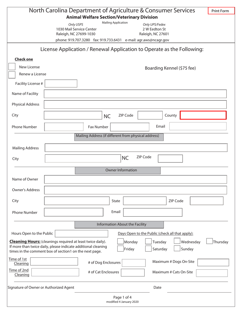 License Application / Renewal Application to Operate as Boarding Kennel - North Carolina, Page 1