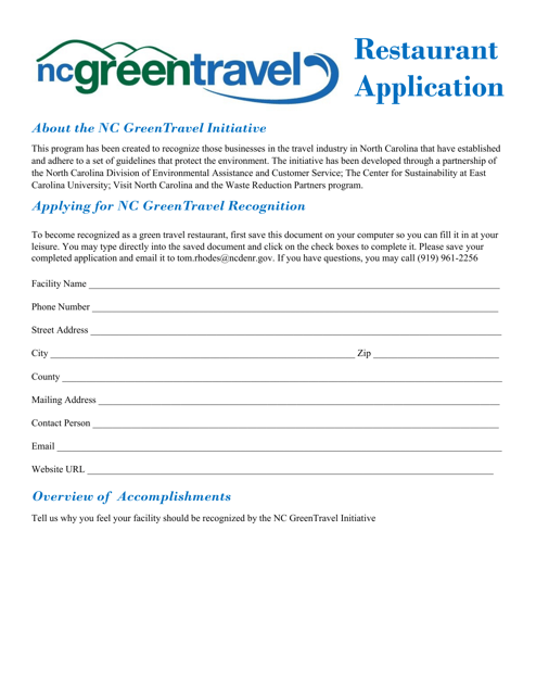 Nc Green Travel Program Restaurant Application - North Carolina Download Pdf