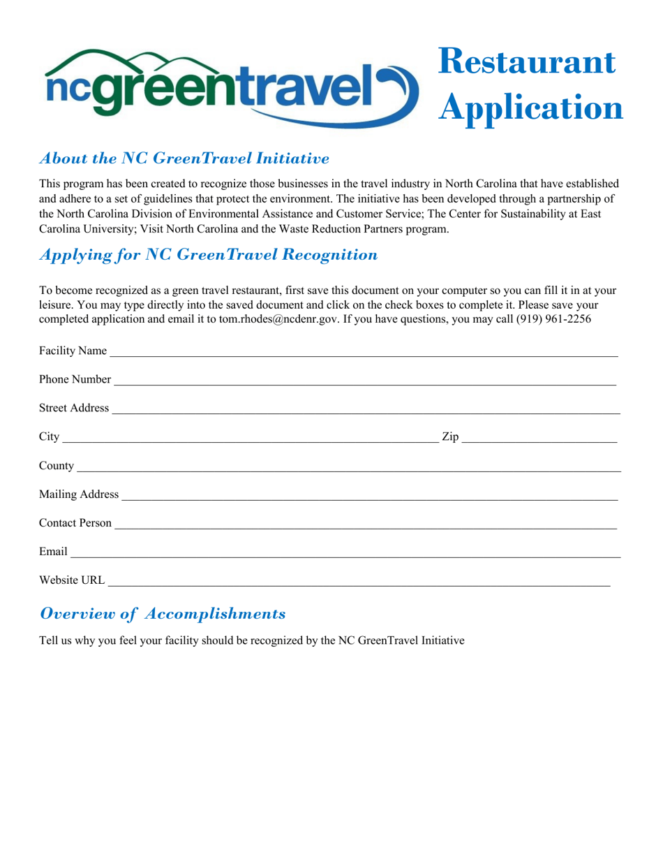 Nc Green Travel Program Restaurant Application - North Carolina, Page 1