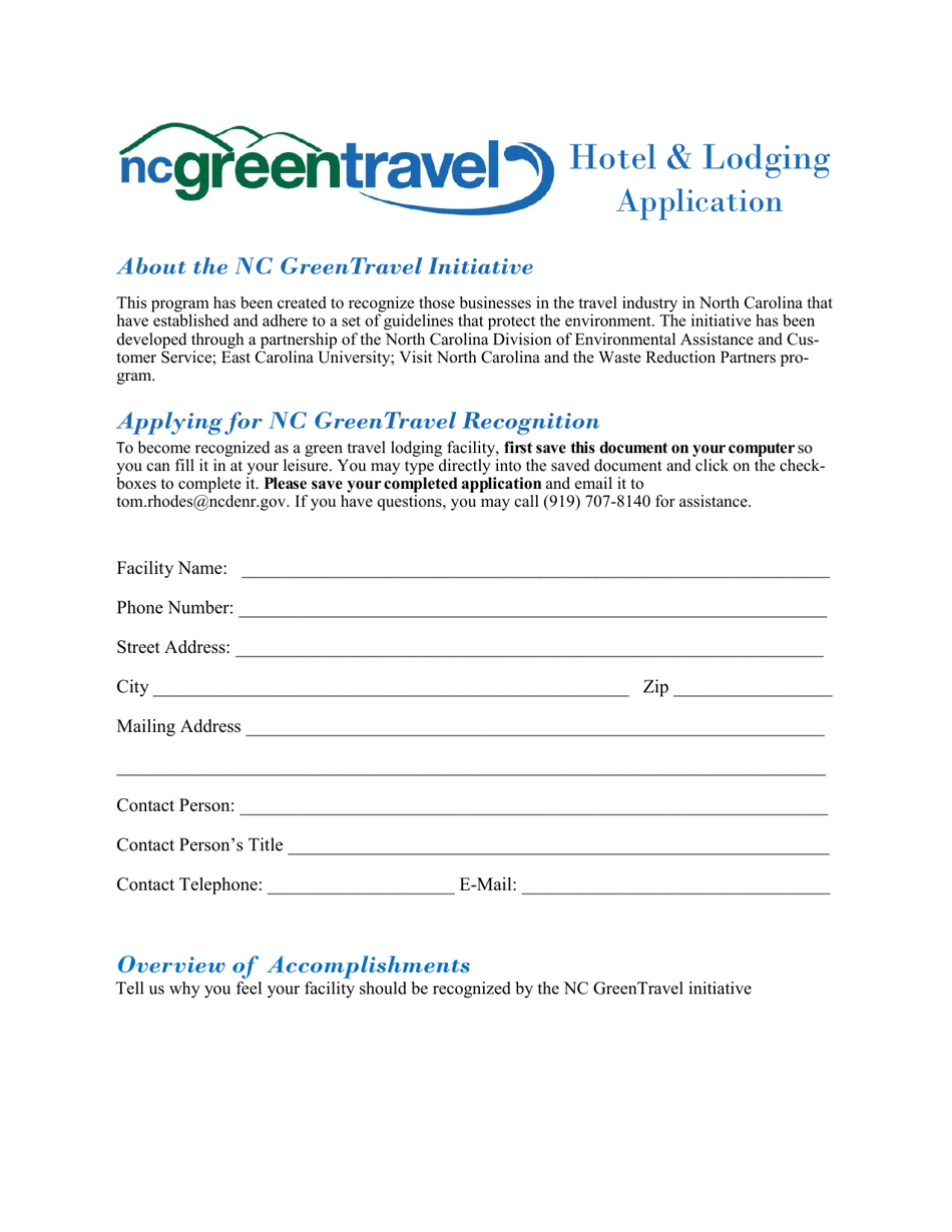 Nc Green Travel Program Hotel  Lodging Application - North Carolina, Page 1