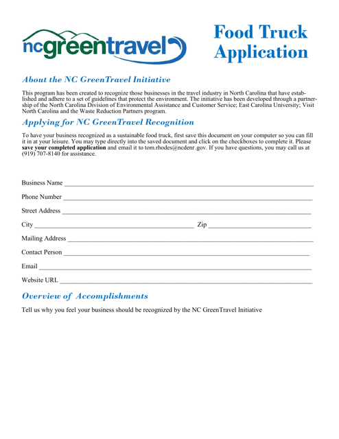 Nc Green Travel Program Application Form for Food Trucks - North Carolina